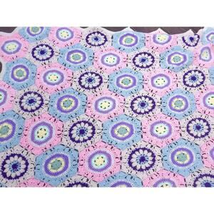 Vintage Granny Square Sunburst Hexagon Crochet Throw Blanket